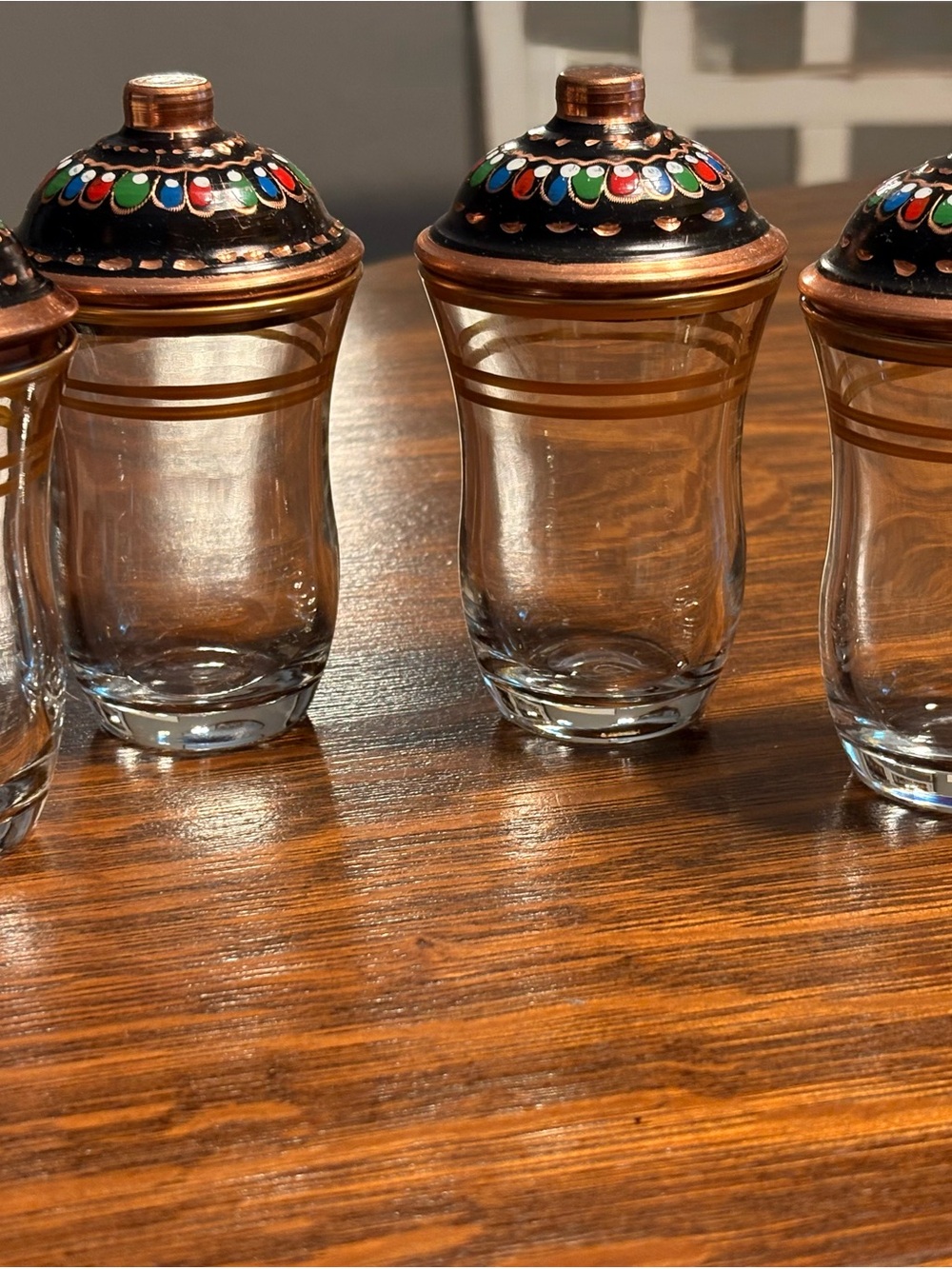 Decorative Copper-Trim Glass Spice Jars with Multicolor Enamel Lids